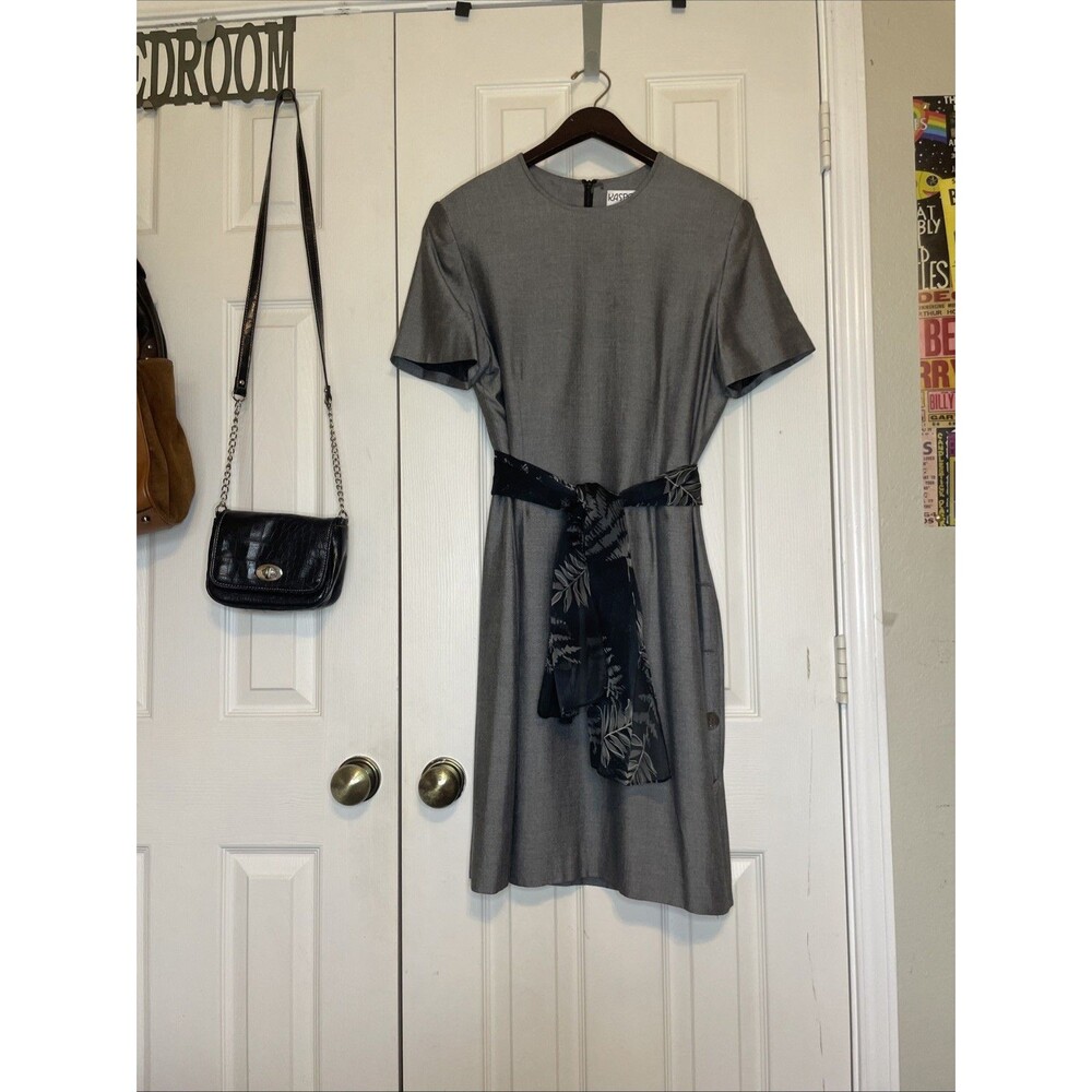 Vintage Kasper 80s-90s Women’s Size 12 A.S.L. Gray Sheath Dress W Floral Scarf